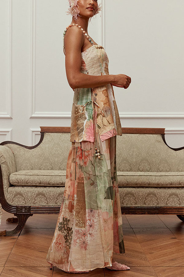 Catalana Linen Blend Artistic Printed Bead Detail Pleated Hem Maxi Dress-consonak