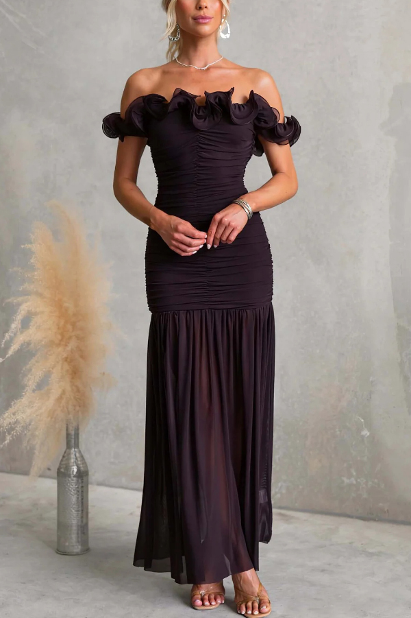 Solid Color Off-shoulder Pleated Backless Slim-fit Elegant Mesh Maxi Dress