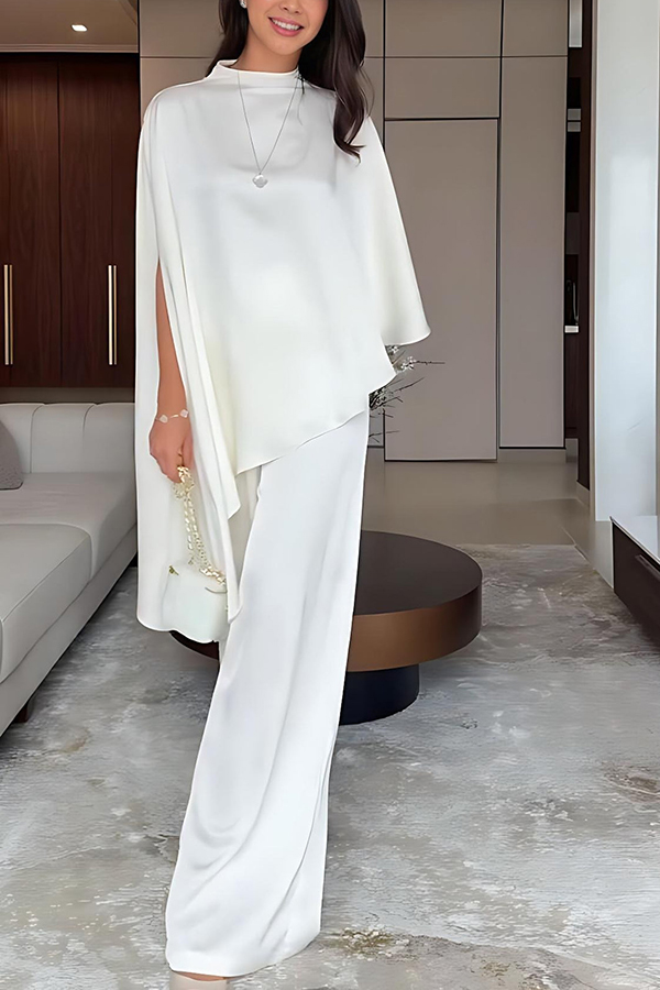 Iris Satin High Neck Cape Sleeve Irregular Hem Top and Elastic Waist Wide-Leg Pants Set-consonak