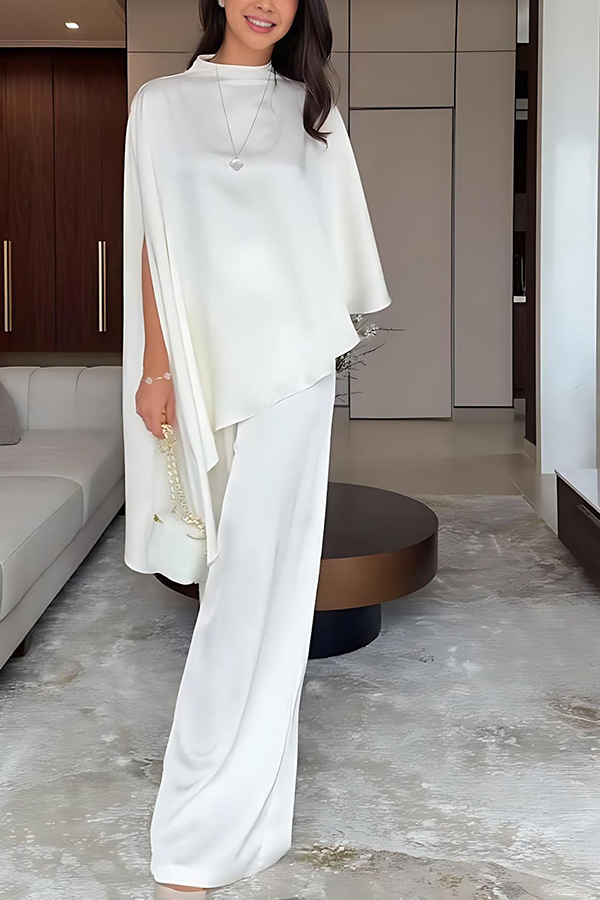 Iris Satin High Neck Cape Sleeve Irregular Hem Top and Elastic Waist Wide-Leg Pants Set-consonak