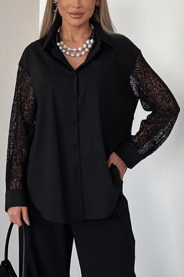 Fashionable Openwork Lace Patchwork Long-sleeved Loose Shirt