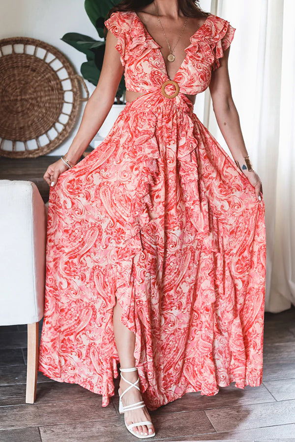Boldest Bloom Floral Printed Ruffle Sleeve Cutout Maxi Dress-consonak