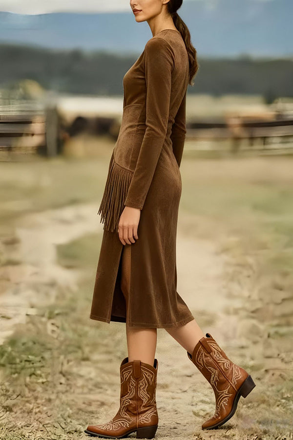 Solid Color Round Neck Long-sleeved Suede Slim-fit Tassel Midi Dress-consonak