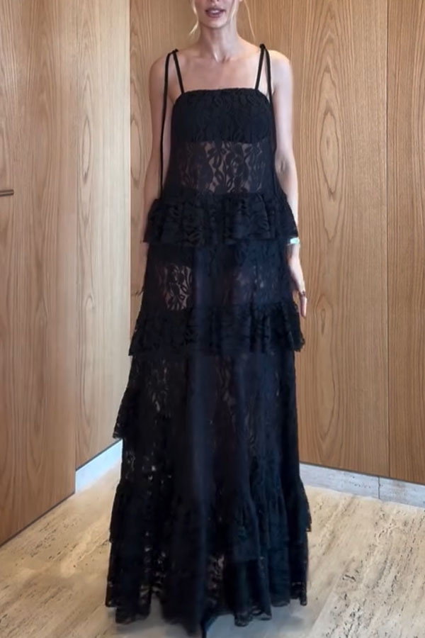Abigail Floral LaceTiered Ruffles Tie-up Shoulder A-line Maxi Dress-consonak