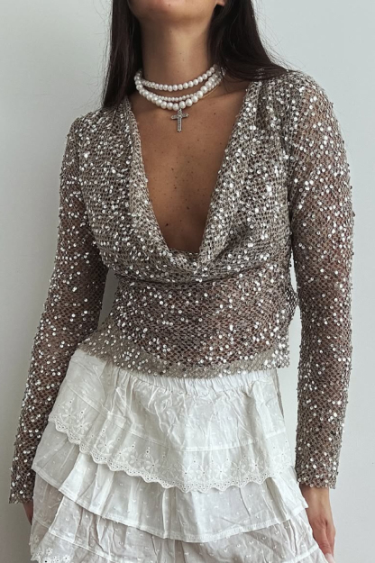 Fashionable Sequined Fishnet Casual Long-sleeved Top-consonak