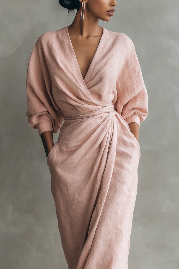 Linen Blend Loose V-neck Pleated Waist Casual Pocket Maxi Dress | Consonak