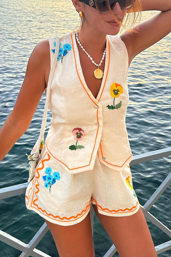 Summer Flower Printed Linen Blend Button Vest and Elastic Waist Pocketed Shorts Set | Consonak