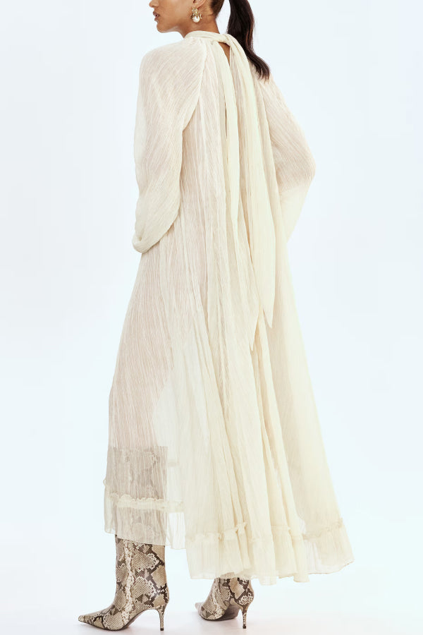 Solid Color High-neck Long-sleeved Loose Ruffle Maxi Dress-consonak