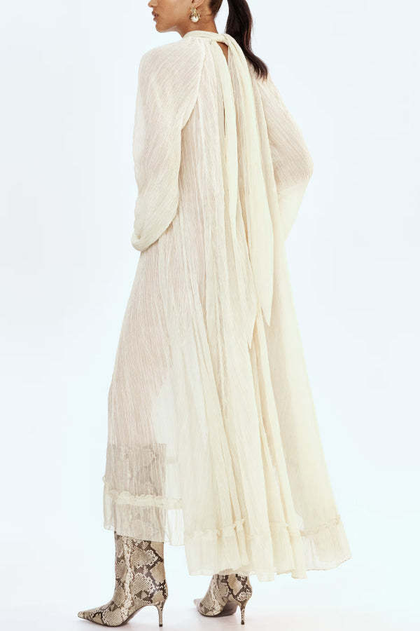 Solid Color High-neck Long-sleeved Loose Ruffle Maxi Dress-consonak