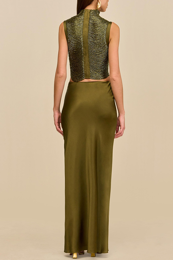 Keep Polished Satin High Rise Bias Cut Drape Maxi Skirt