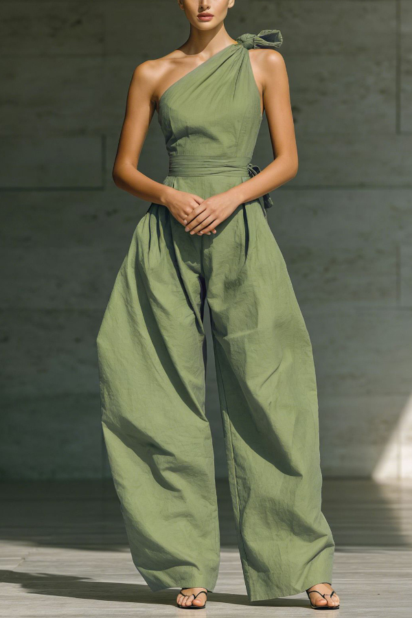 Solid Color Sleeveless One-shoulder Fitted Waist Casual Pocket Loose Wide-leg Jumpsuit