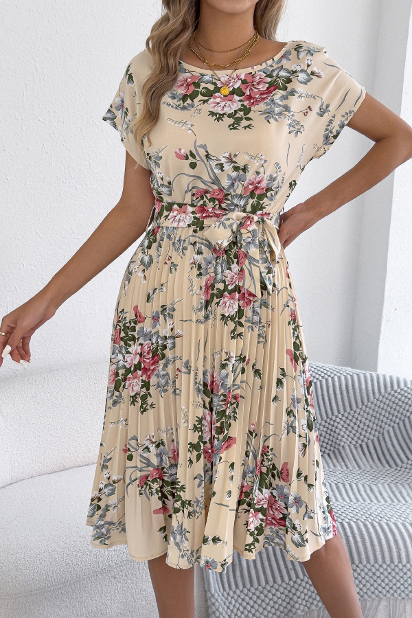 Floral Print Round Neck Fitted Waist Tie Pleated Midi Dress-consonak