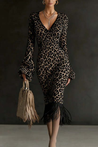 Unique Printed V-neck Long-sleeved Elegant Tassel Hem Midi Dress-consonak