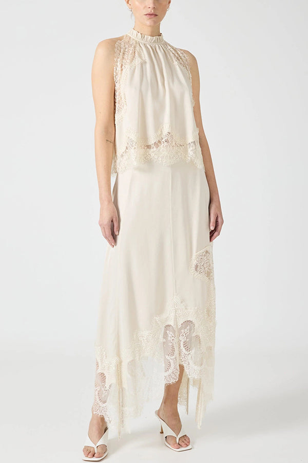 Modern Muse Satin Lace Trim Pleated Neck Top and A-line Irregular Slit Skirt Set | Consonak