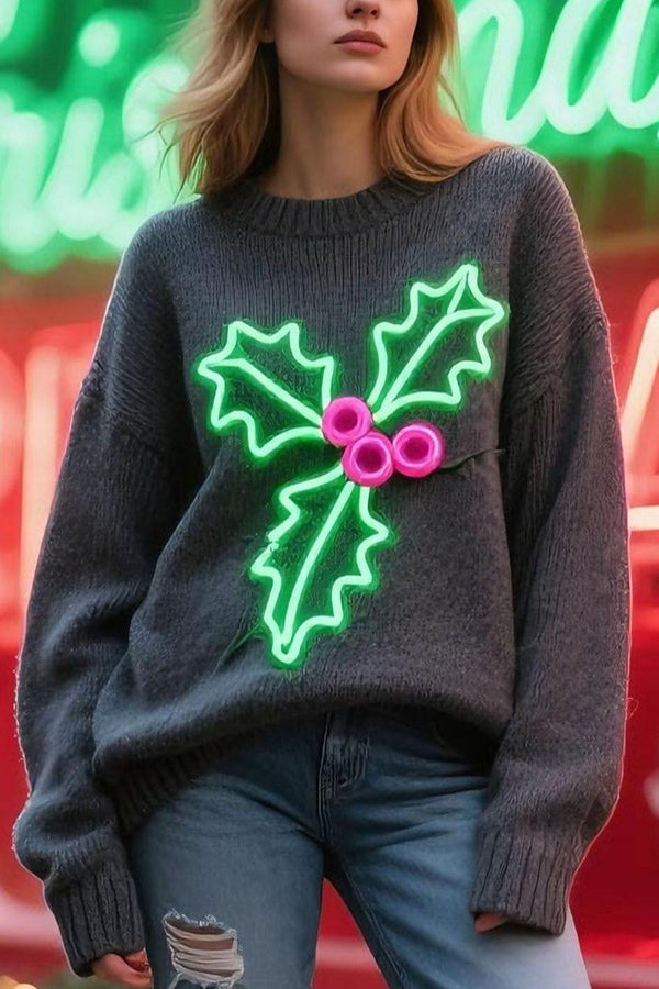 Christmas Holly Jacquard Loose Long-Sleeve Knit Sweater-consonak