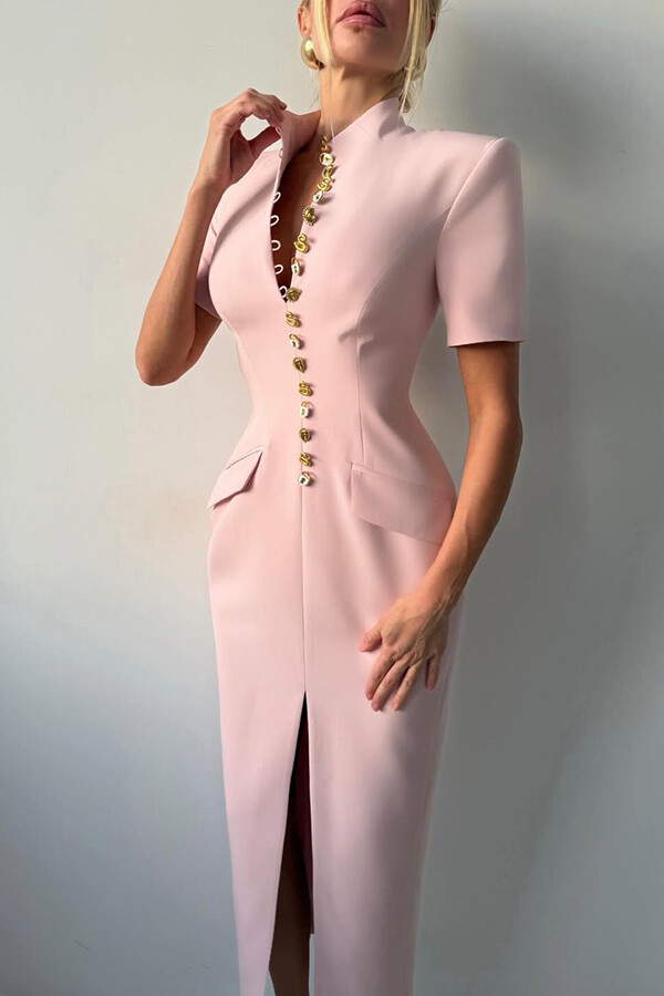 Kathy Unique Metal Pattern Buttons High Neck Short Sleeve Pencil Slit Midi Dress