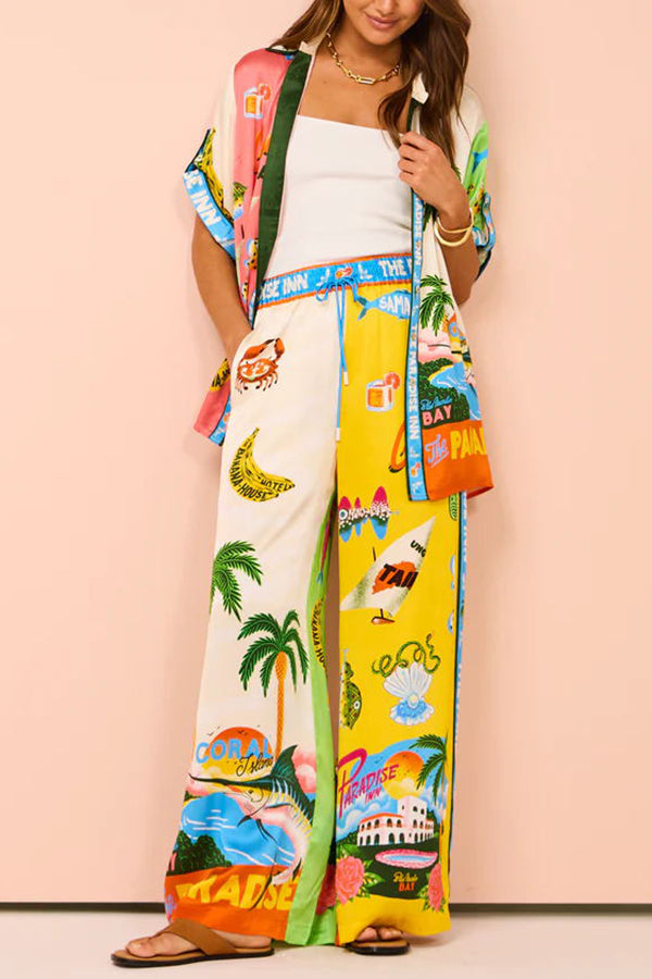 Kissed By The Sun Satin Unique Print Colorblock Elastic Waist Pocketed Wide Leg Pants | Consonak