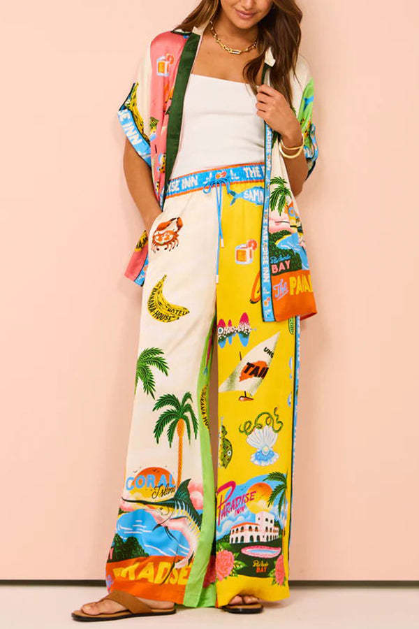 Kissed By The Sun Satin Unique Print Colorblock Elastic Waist Pocketed Wide Leg Pants-consonak