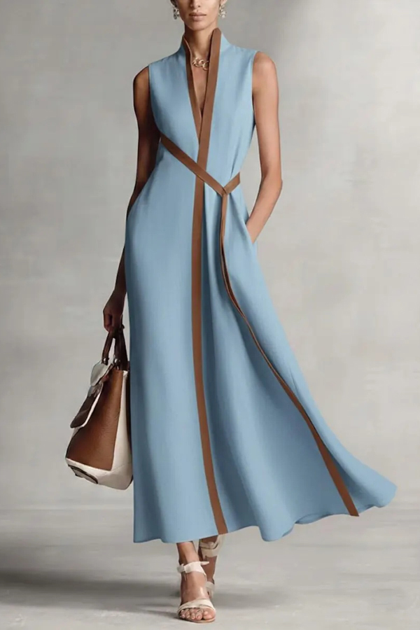 Linen Blend Color-blocked Edging V-neck Sleeveless Loose Maxi Dress
