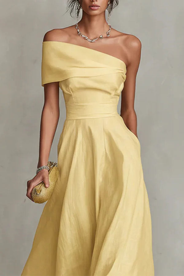 Chic One-Shoulder A-Line Midi Dress with Pockets-Consonak
