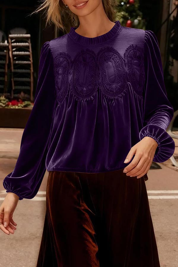 Fashionable Velvet and Lace Patchwork Loose Long-sleeved Top-consonak
