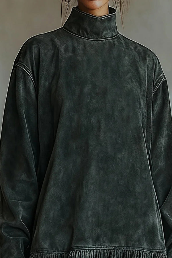 Fashionable Leopard Print Patchwork Loose Turtleneck Long-sleeved Casual Mini Dress-consonak