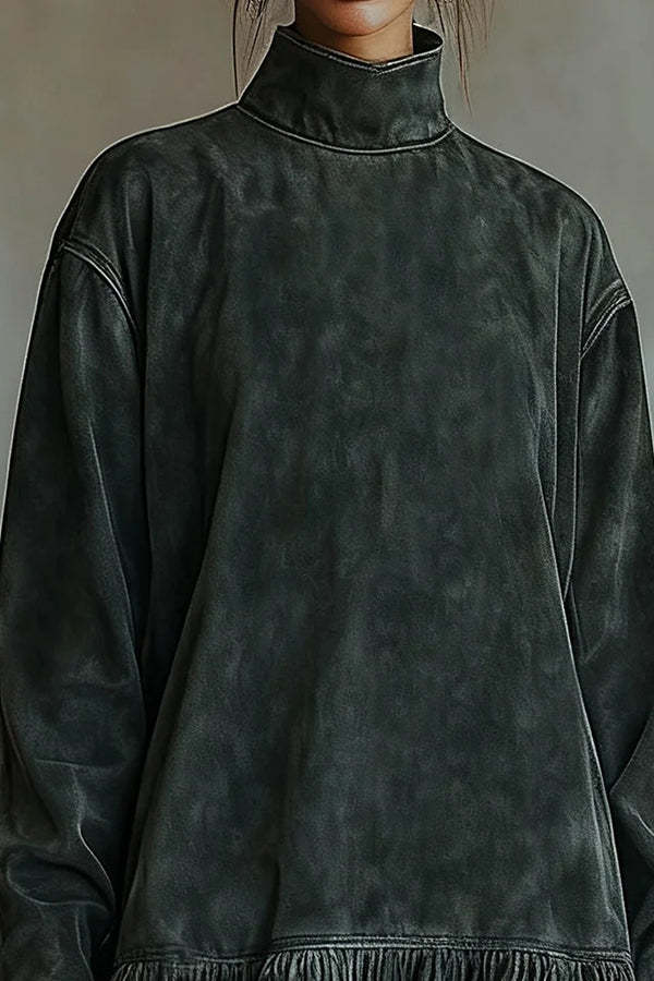 Fashionable Leopard Print Patchwork Loose Turtleneck Long-sleeved Casual Mini Dress-consonak