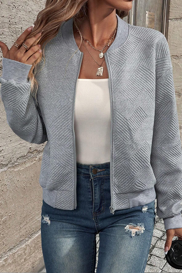 Solid Color Zippered Round Neck Long Sleeve Casual Jacket-consonak