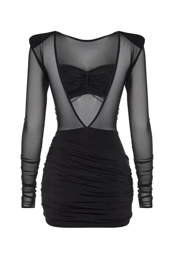 Sexy Mesh See-through Long-sleeved Backless Pleated Rompers-consonak