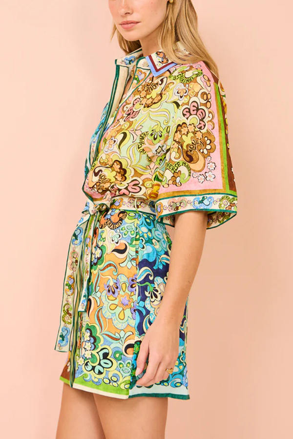 Sasha Linen Blend Unique Printed Shirt Style Tie-waist Mini Dress-consonak