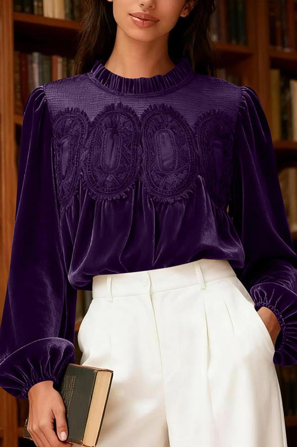 Fashionable Velvet and Lace Patchwork Loose Long-sleeved Top-consonak