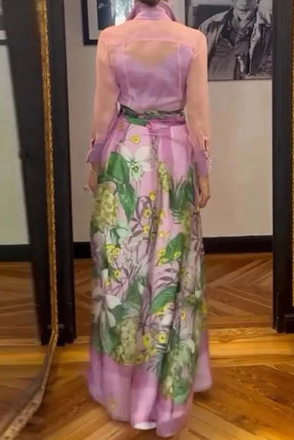 Seeds of Happiness Tulle Floral Print Elastic Waist Belt Pocketed Maxi Skirt-consonak