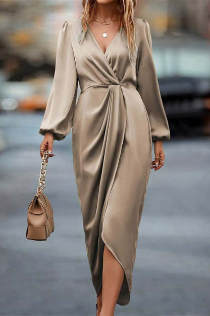 Satin V-neck Long-sleeved Slit Irregular Hem Midi Dress-consonak