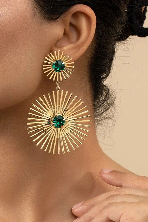 Exaggerated Emerald Rhinestone Line Metal Earrings-consonak