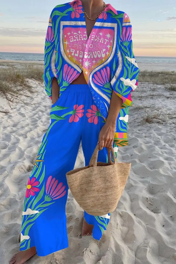 Vine Flowers Print Oversized Shirt and Elastic Waist Pocket Pants Set