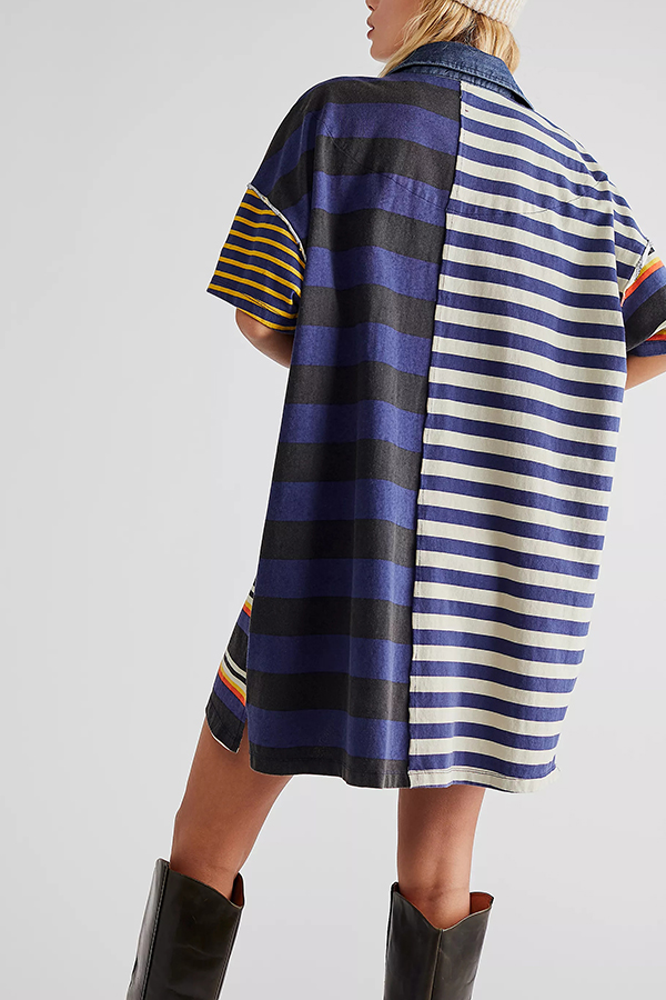 Contrast Striped Patchwork Denim Lapel Loose Casual Mini Dress-consonak