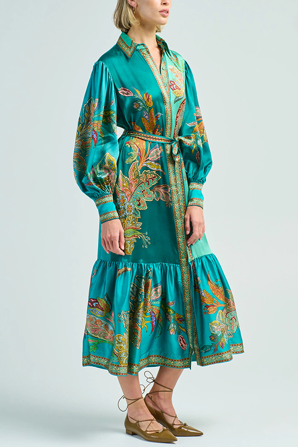 Resort Style satin Unique Printed Lapel Lantern Sleeve Lace-up Midi Dress-consonak