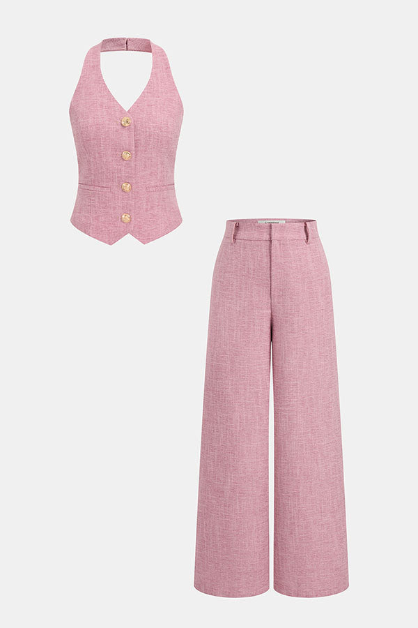 City Outfit Linen Blend Metal Button Halter Vest and Pocket Wide Leg Pants Set | Consonak