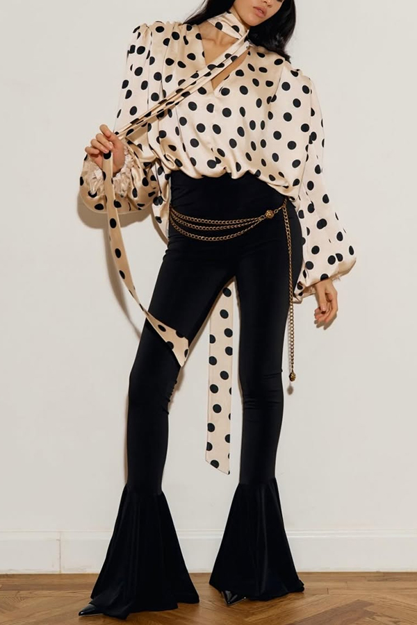 Chrissa Satin Polka Dot Print Lace Trim Tie-up Neck Balloon Sleeve Loose Blouse | Consonak