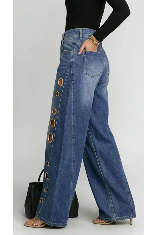 High-Street Edgy Eyelet Cut-Out Baggy Jeans-Consonak