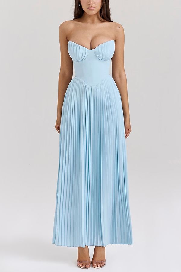 Romantic and Elegant Pleated Strapless Maxi Dress-consonak