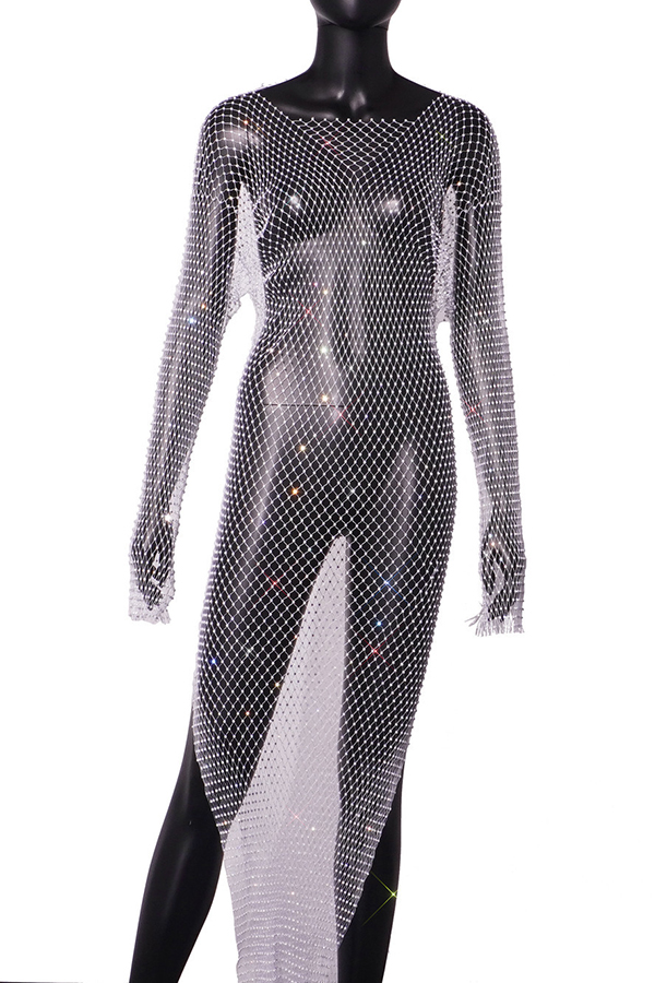 Best Layering Items Mesh Wide Neck Long Sleeve Slit Cover-up Maxi Dress-consonak