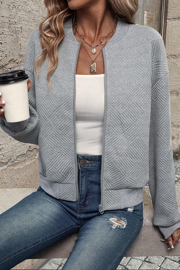 Solid Color Zippered Round Neck Long Sleeve Casual Jacket-consonak