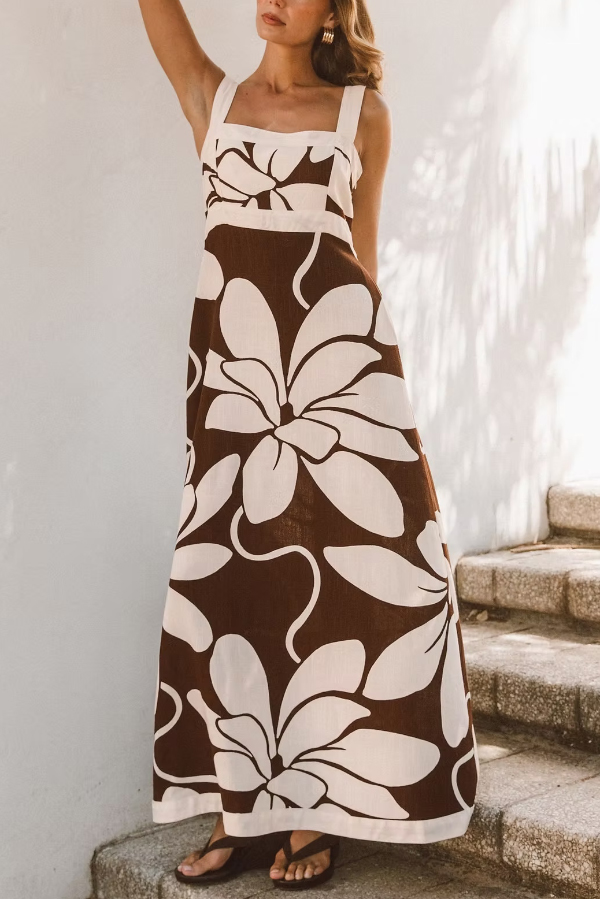 Color-blocked Floral Print Square Neck Sleeveless Casual Maxi Dress | Consonak