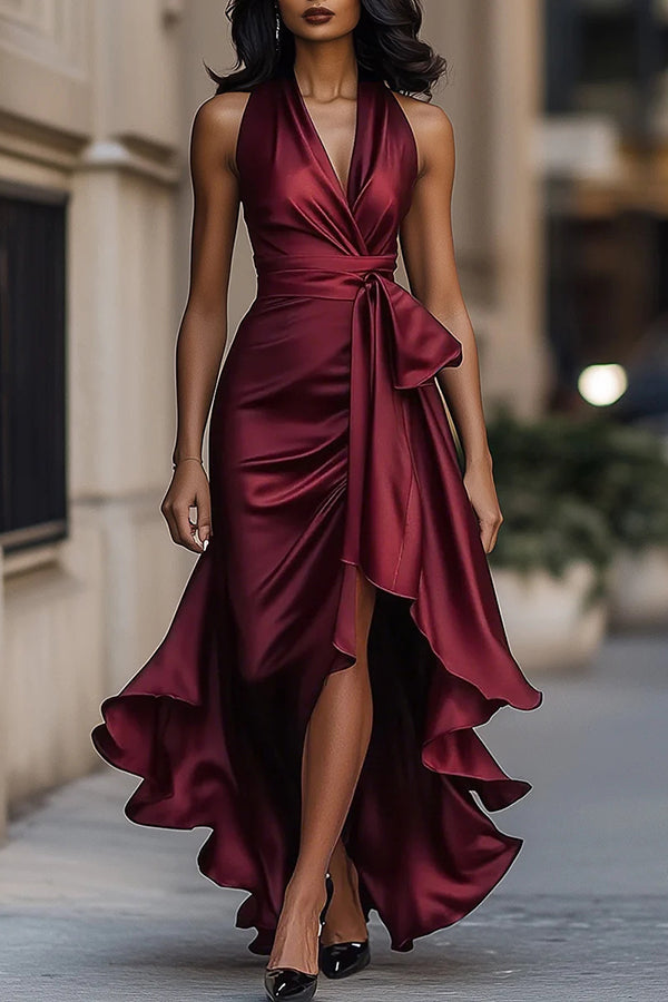Solid Color Satin V-neck Sleeveless Elegant Ruffle Maxi Dress-consonak