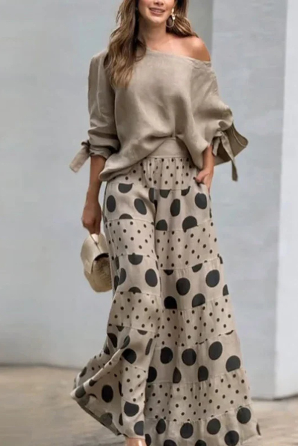 Stylish Tie-cuff Loose Top and Polka Dot Print Pocket Wide Leg Pants Set-consonak