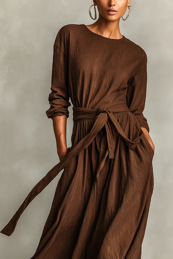 Linen Blend Round Neck Long Sleeve Waist Tie Casual Pocket Maxi Dress