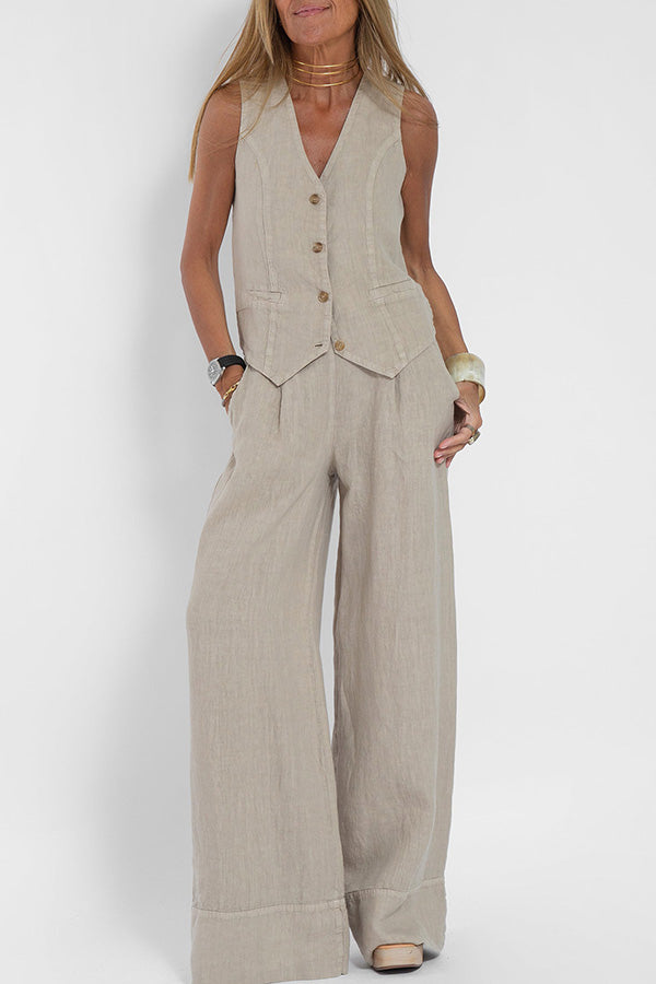 Eddie Linen Blend Button Vest and Elastic Waist Pocketed Wide Leg Pants Set-consonak