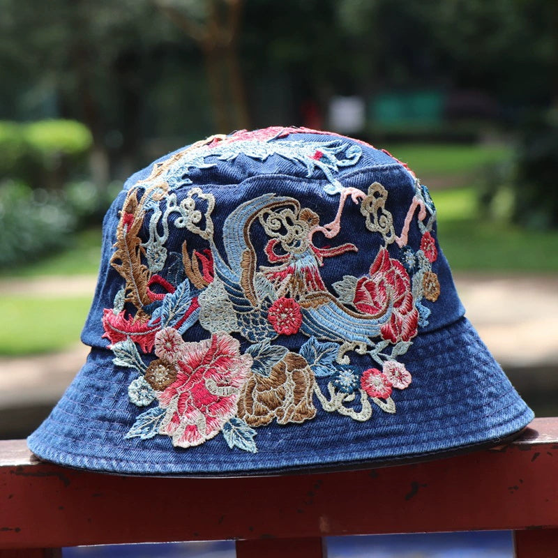 Fashionable Ethnic Style Embroidered Denim Bucket Hat-consonak