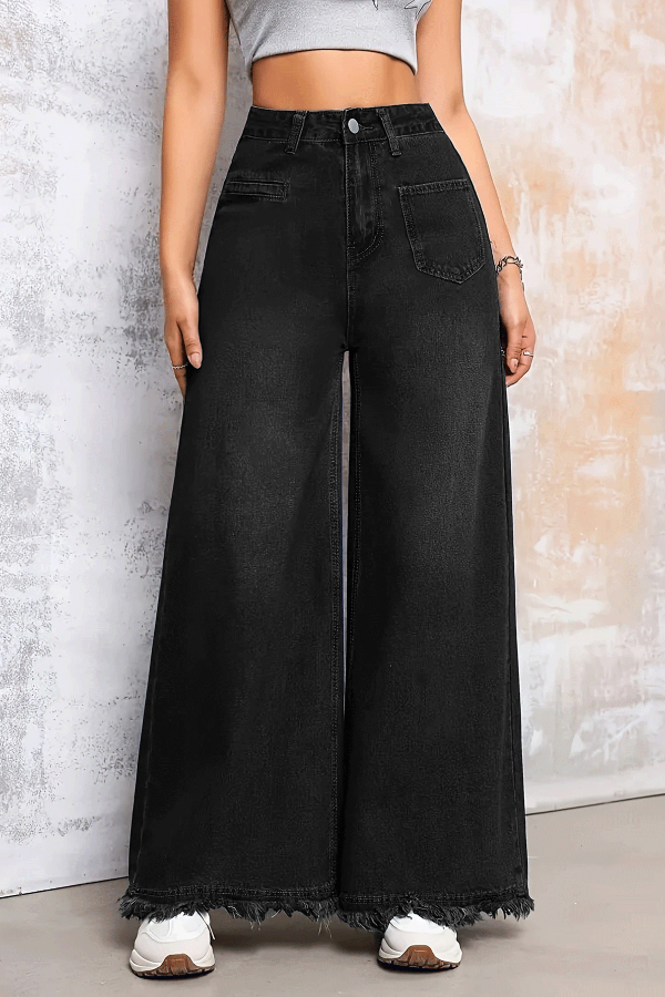 Stylish Loose-fitting Frayed Hem Casual Pocket Wide-leg Jeans
